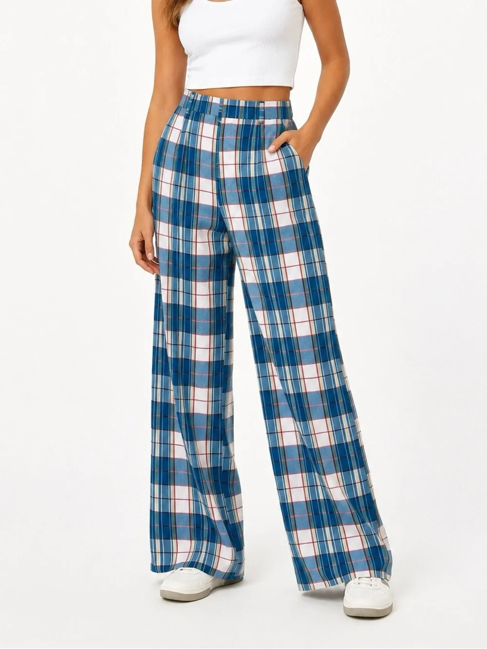 Free People Blue and White Plaid Wide Leg Pants